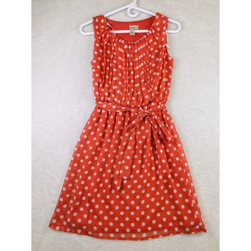 Emma & Michele Red Polka Dot Pleated Ruffle Neck Belted Dress 4P